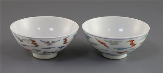 A pair of Chinese doucai bat bowls, Yongzheng mark, Republic period, D. 9.7cm, one bowl restored